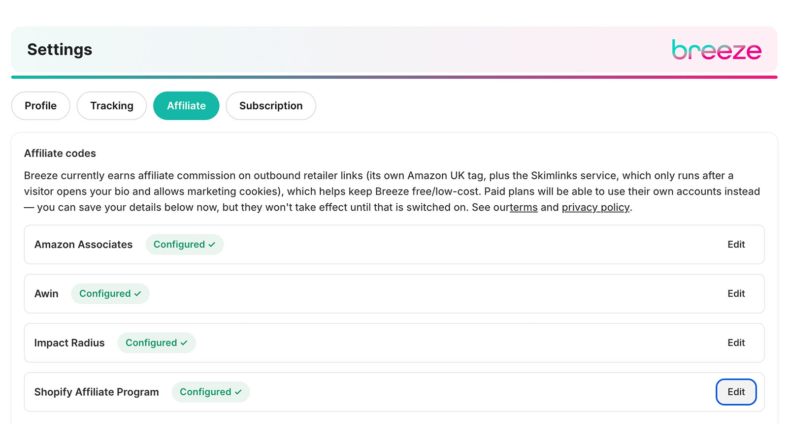 Breeze Bio affiliate code settings