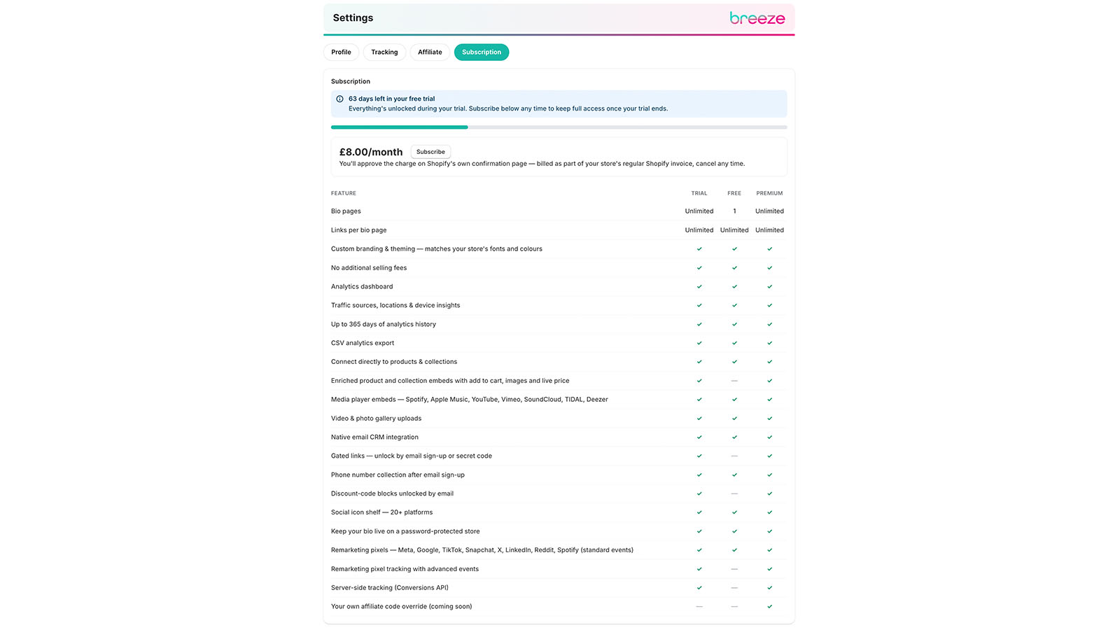 Breeze Bio subscription and plan comparison screen
