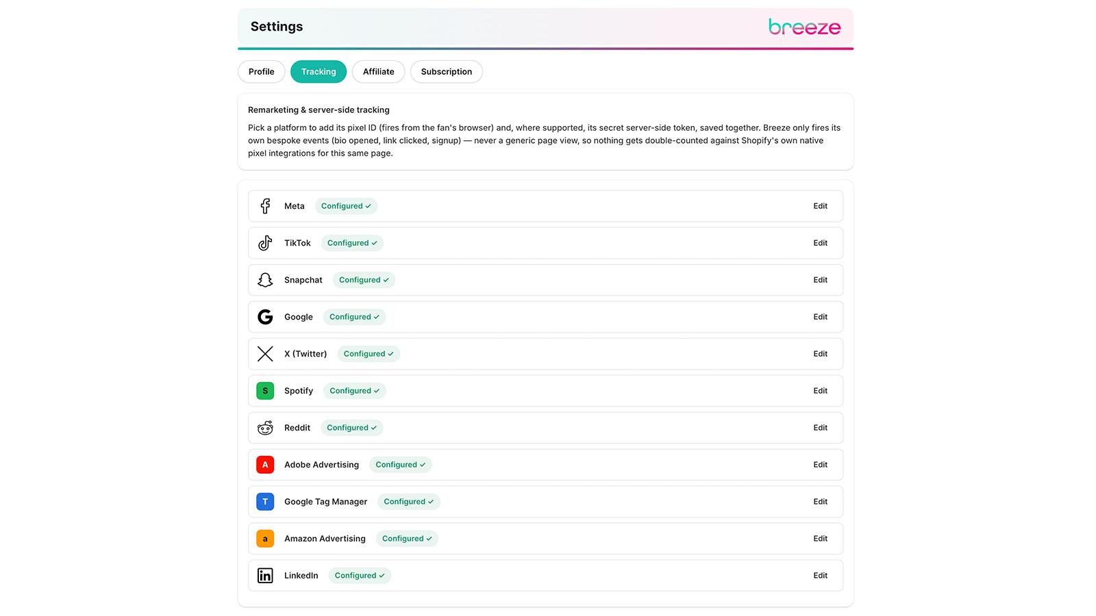 Breeze Bio remarketing pixel settings for Meta, TikTok, Google and more